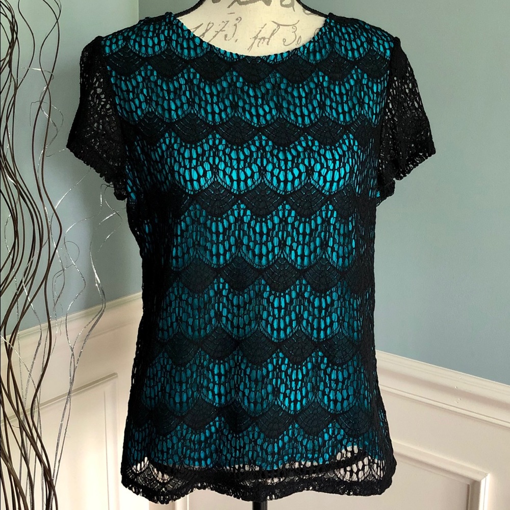 LOFT teal top with black lace overlay